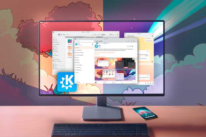 A desktop under a desk with some Plasma windows, and in the background, the default Plasma wallpaper split between light and dark.