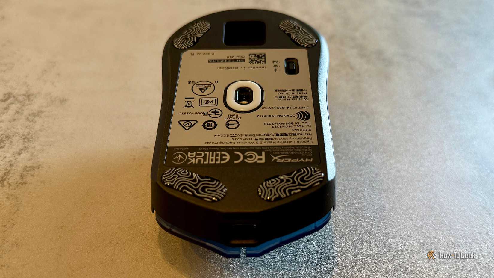 Underside of HyperX Pulsefire Haste 2 S Wireless Gaming Mouse.
