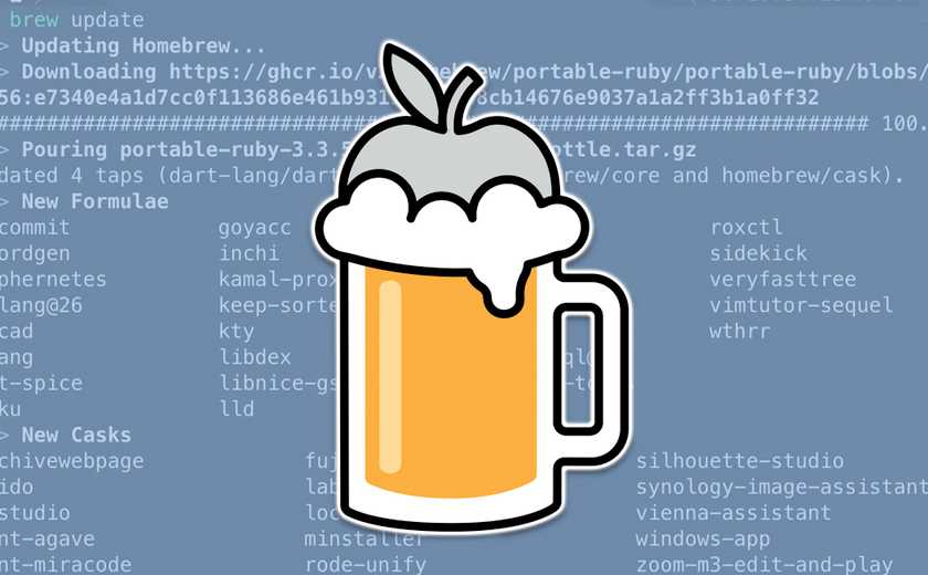 The Homebrew logo over a terminal window.