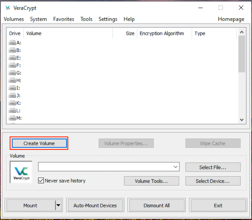 The VeraCrypt main interface.