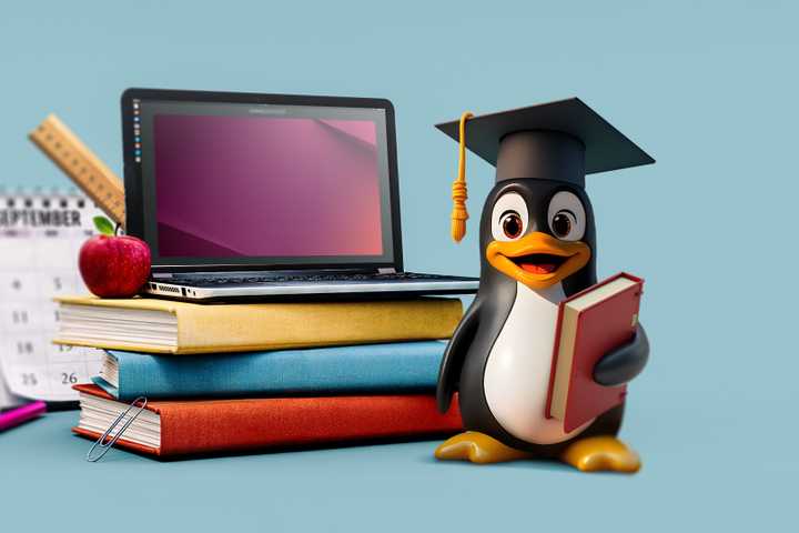A laptop on top of some school books, with the Linux mascot next to it wearing a graduation cap.