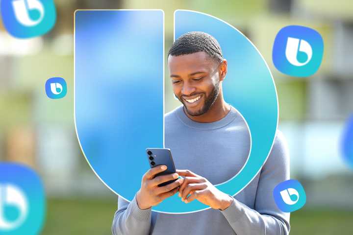 A man using his phone with the Bixby logo surrounding him and several Bixby logos around.