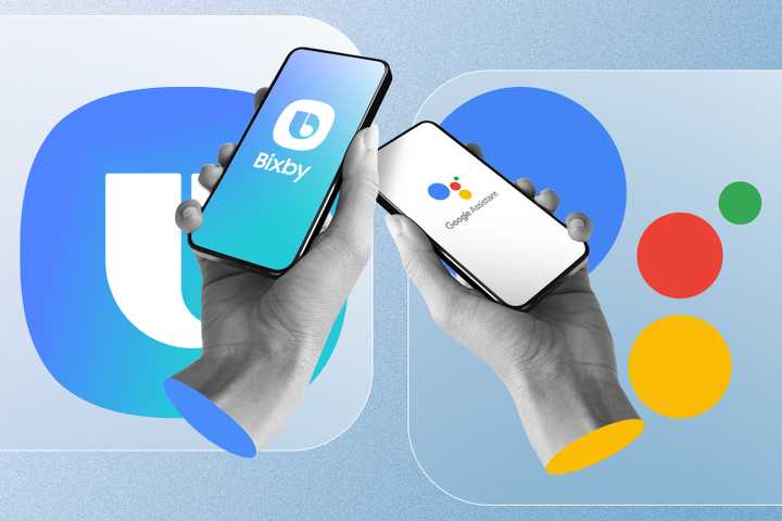 A hand holding a phone with bixby logo on the left and with google assistant logo on the right.