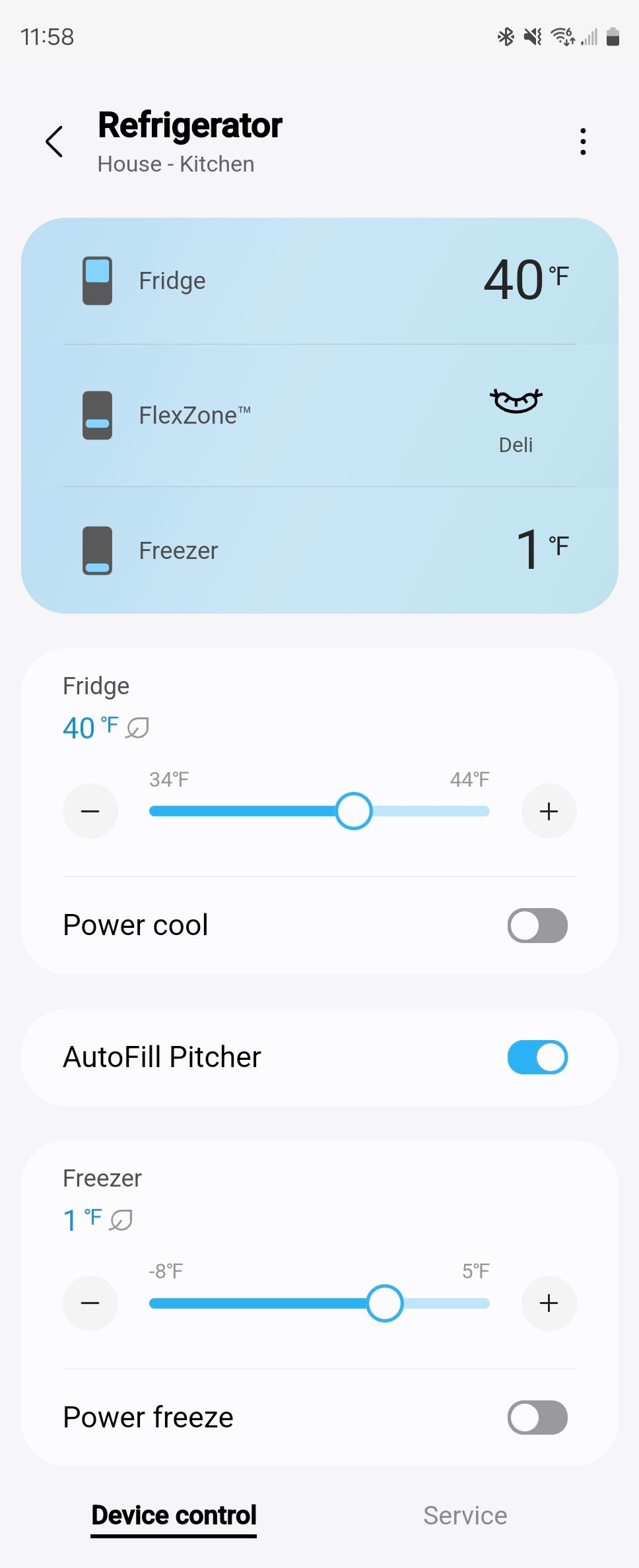 Refrigerator controls in the Samsung SmartThings Android app. 