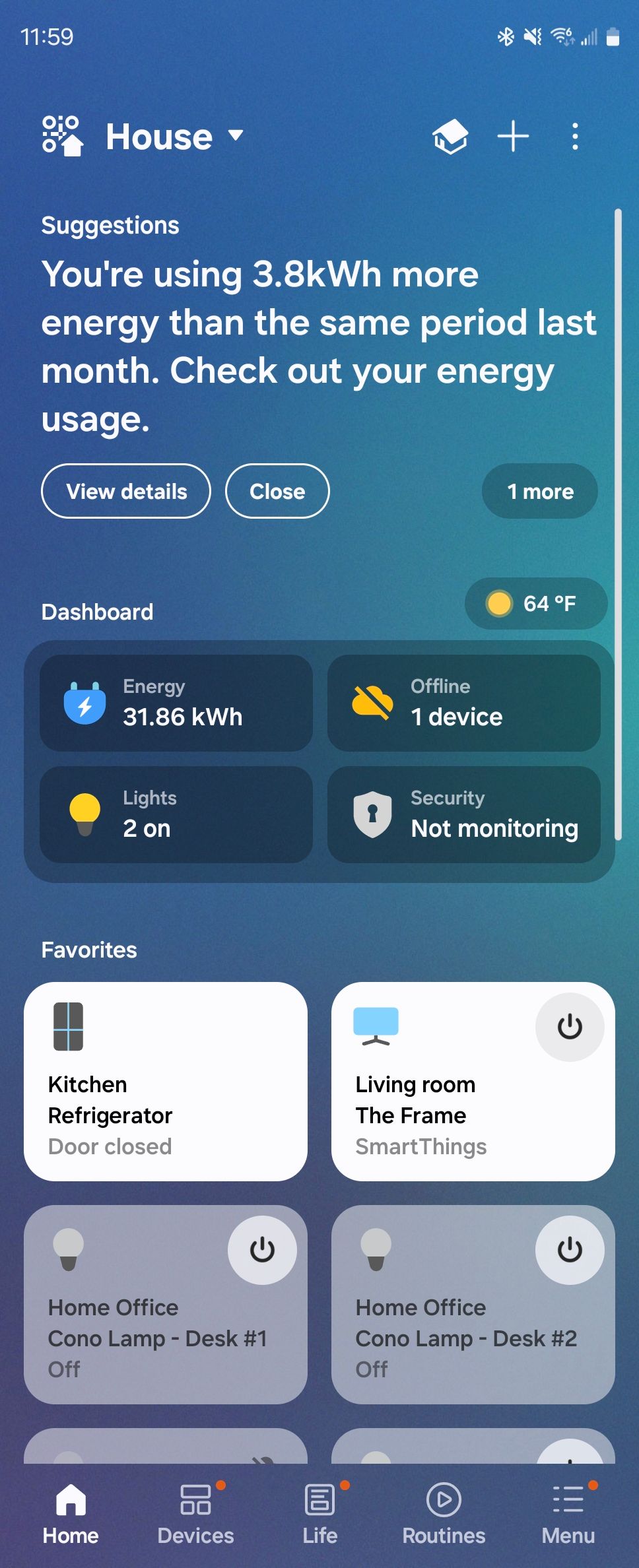 Insights and information shared by the Samsung SmartThings Android app. 