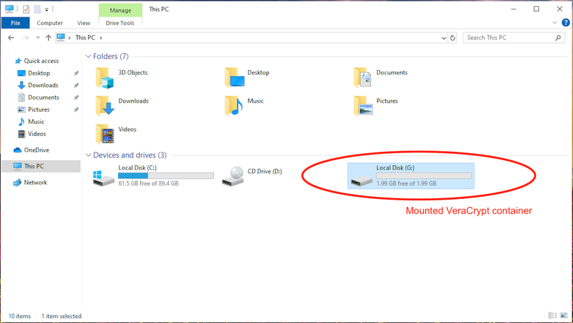 A mounted VeraCrypt container looks like any other connected hard drive.