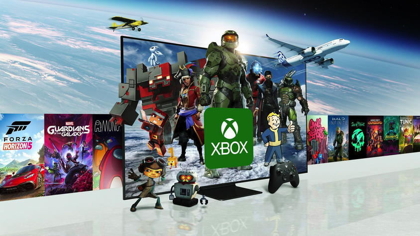 Xbox characters in a TV displaying Xbox logo.