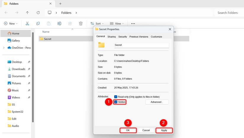 "Hidden," "Apply," and "OK" highlighted on a folder's "Properties" window.