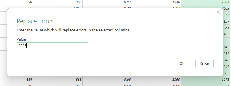 2025 is typed into the Replace Errors dialog box in Excel's Power Query Editor.