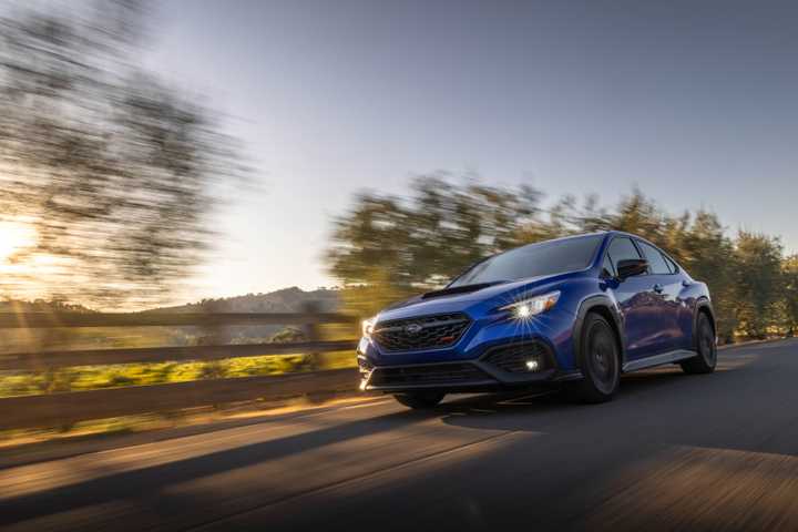 Front 3/4 action shot of a 2025 Subaru WRX tS