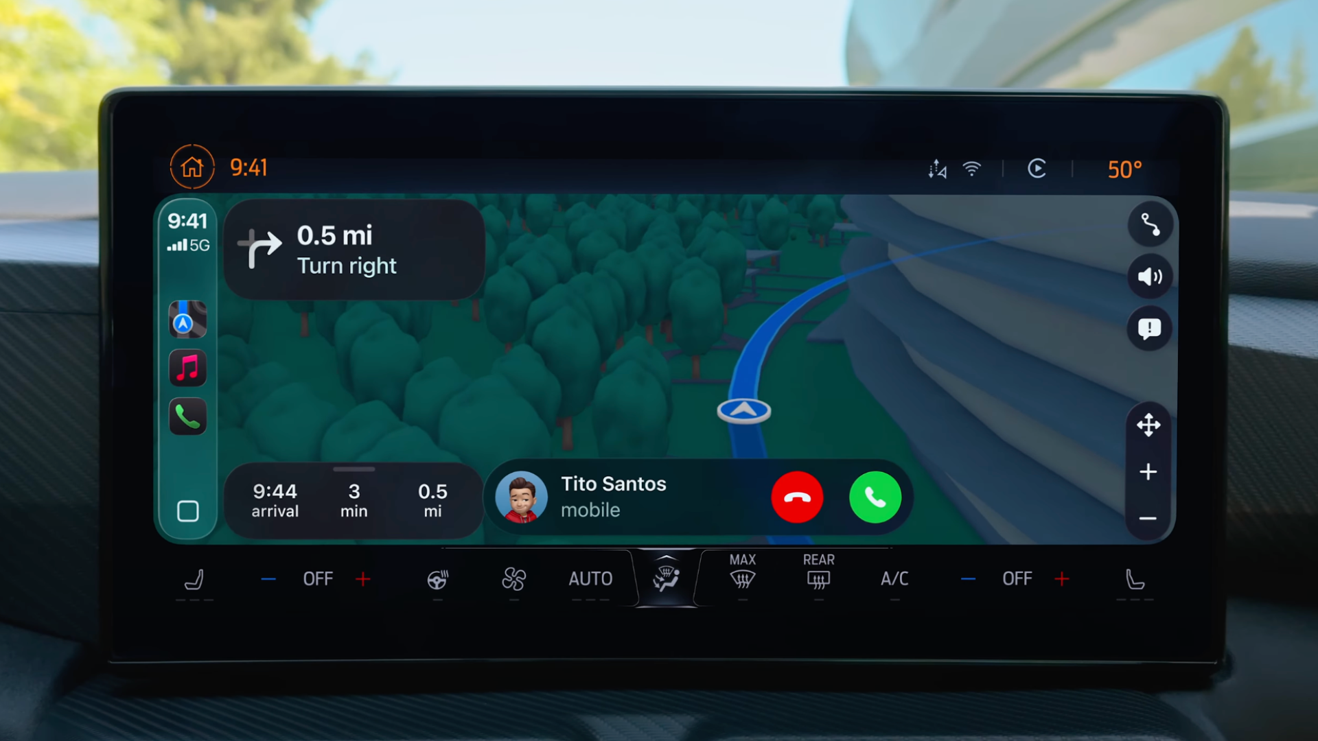 Screenshot of the iOS 26 CarPlay screen with navigation in the center and a small incoming call bar at the bottom.