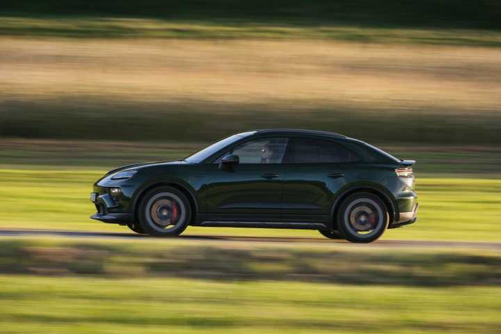 Side profile action shot of a 2025 Porsche Macan EV 4S