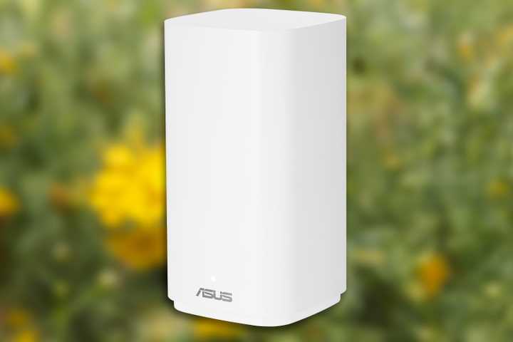 The ASUS ZenWifi BD4 Outdoor router over a photo of some plants.