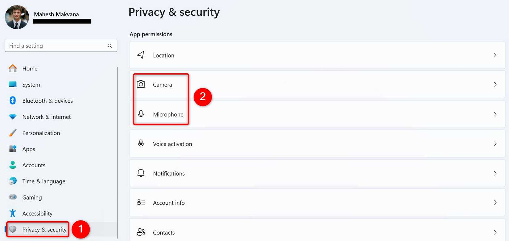 "Privacy & Security," "Camera," and "Microphone" highlighted in Windows 11 Settings.