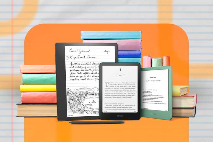 3 different Kindles, side by side, with some books behind them.