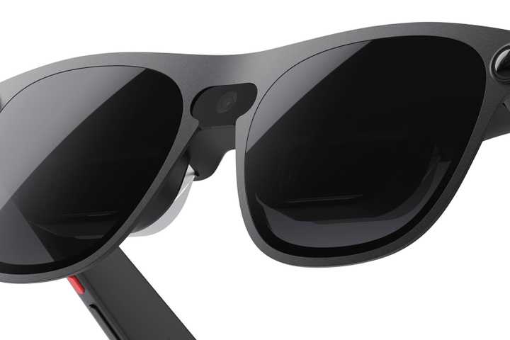 A closeup of the XREAL Project Aura Android XR glasses.