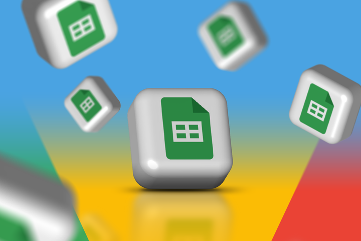3D blocks featuring the Google Sheets logo, set against a colorful gradient background.