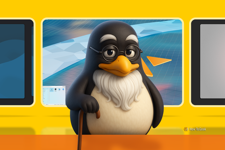 3D illustration of Tux, the Linux penguin mascot, depicted as an elderly figure with a white beard, glasses, and a cane, standing in front of a display showcasing some Linux distros.