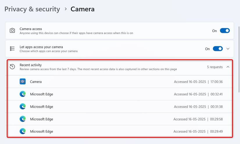 "Recent Activity' highlighted for camera access in Windows 11 Settings.
