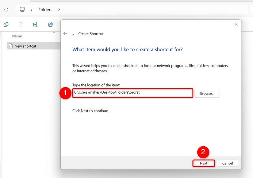 "Type the Location of the Item" and "Next" highlighted on the "Create Shortcut" window.