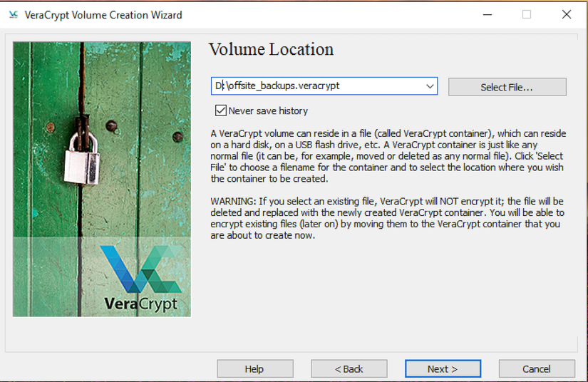 Selecting the location for a new VeraCrypt container.