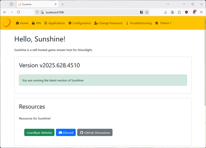 The Sunshine game streaming server configuration screen.