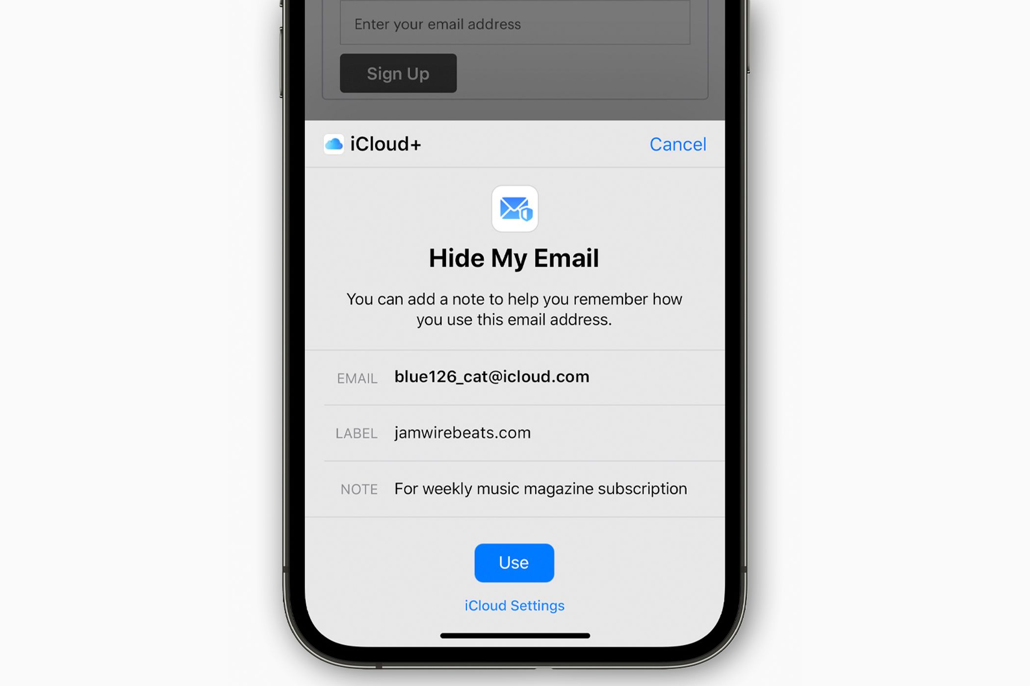 Hide My Email on an iPhone.