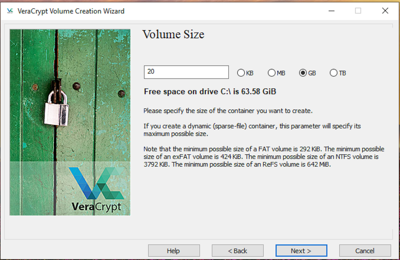 Setting the volume size for a new VeraCrypt container.