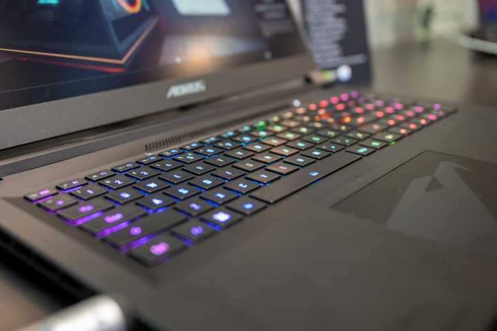 Close up of a Gigabyte gaming laptop's RGB keyboard