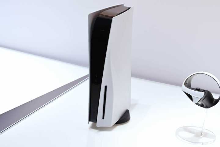 The Sony PlayStation 5 console on display at CES 2023.