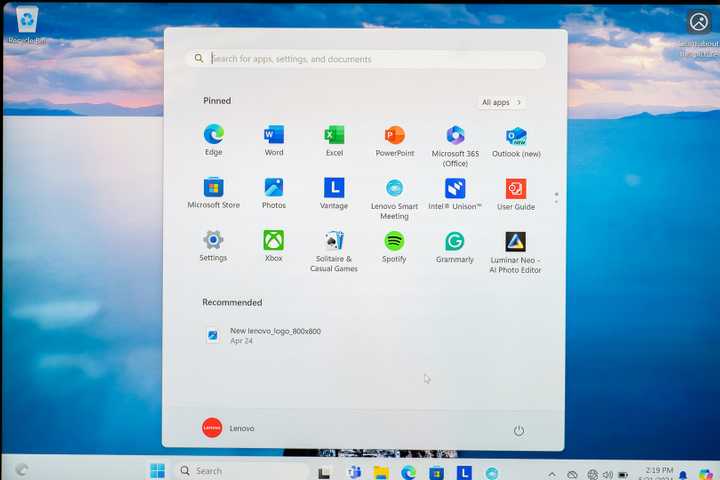 The Windows 11 Start menu open on a laptop. 