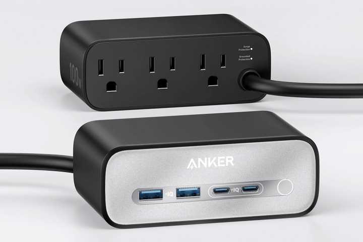 The Anker 7-in-1 100-watt charging station viewed from the front and rear.