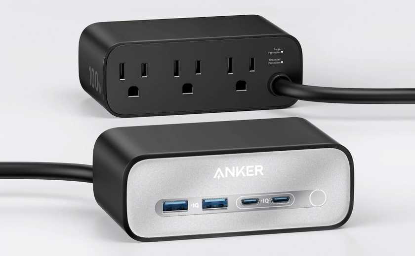 The Anker 7-in-1 100-watt charging station viewed from the front and rear.