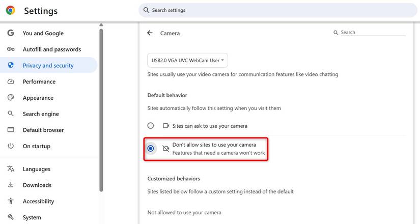 "Don’t Allow Sites to Use Your Camera" highlighted in Google Chrome.