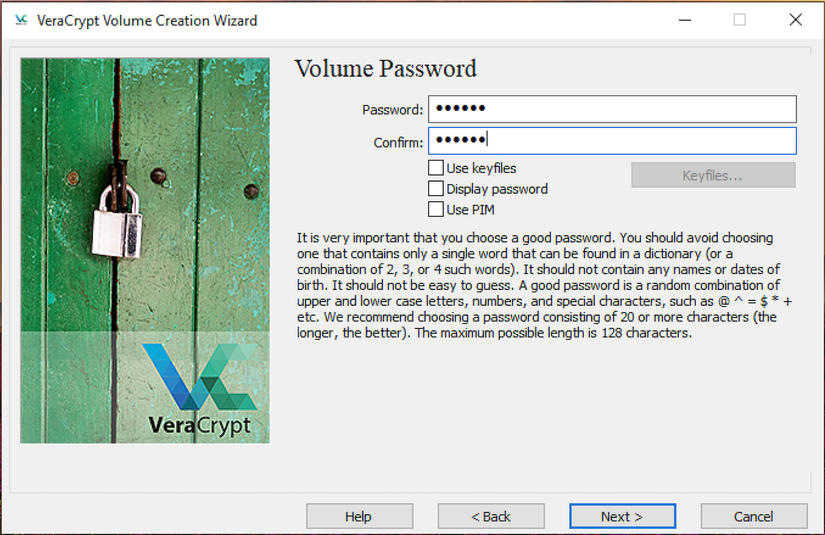 Setting the volume password for a VeraCrypt container.