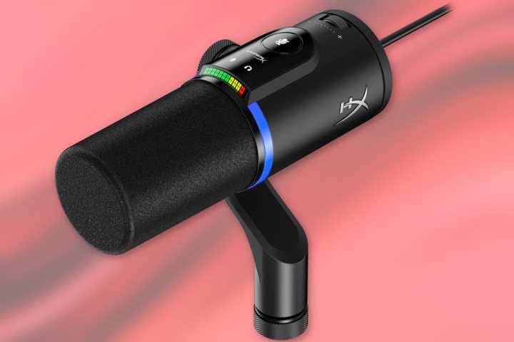 The HyperX FlipCast Microphone over a pink background.