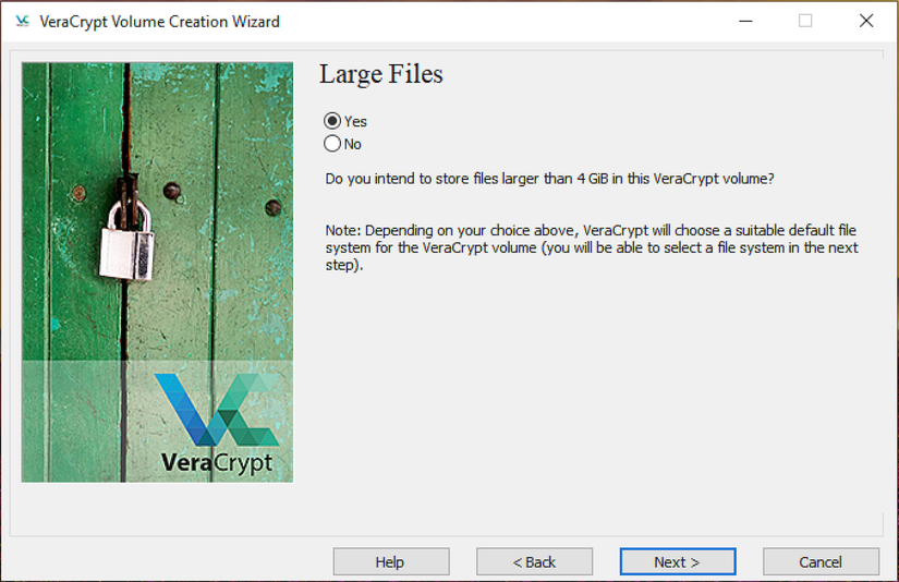 Choosing large file support for a VeraCrypt container.