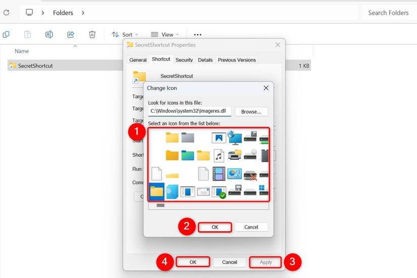 Various options highlighted to change a folder shortcut's icon.