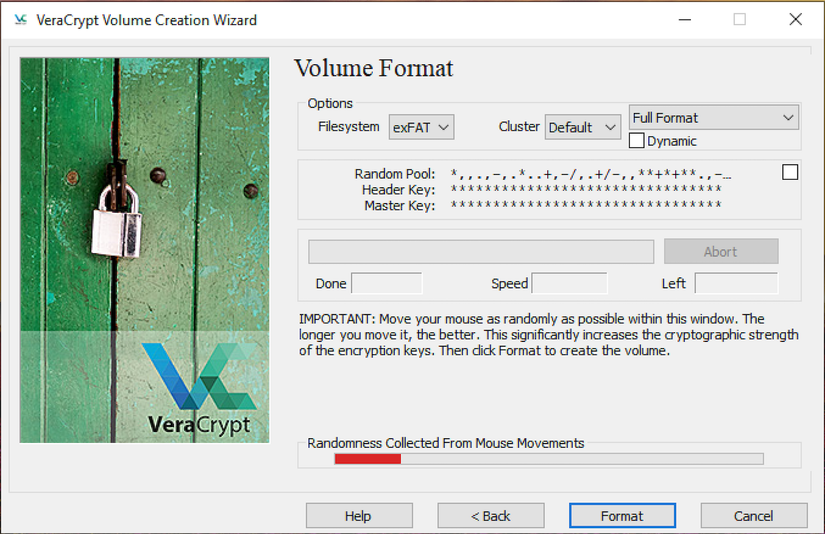 Collecting random input to encrypt a VeraCrypt container.