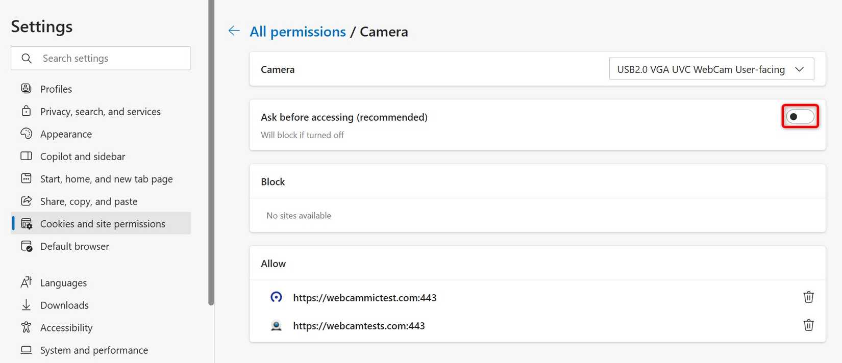 "Ask Before Accessing (Recommended)" for camera highlighted in Microsoft Edge.