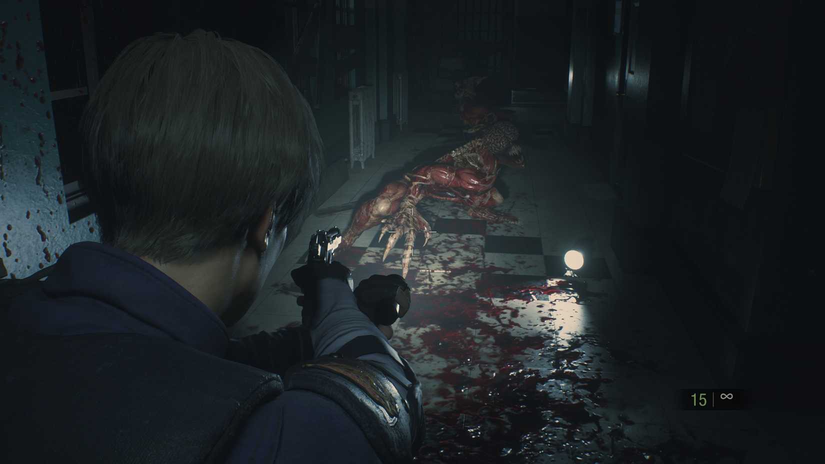 A licker about to attack Leon in the Resident Evil 2 remake.