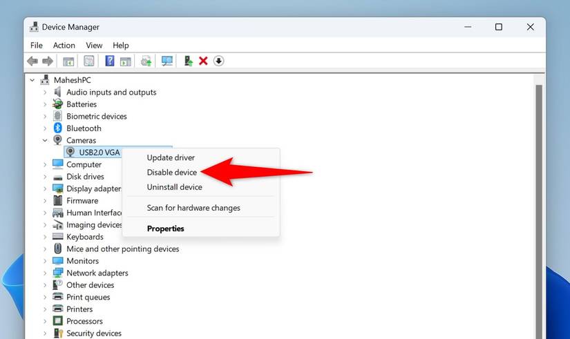 "Disable Device" highlighted for the camera in Device Manager.