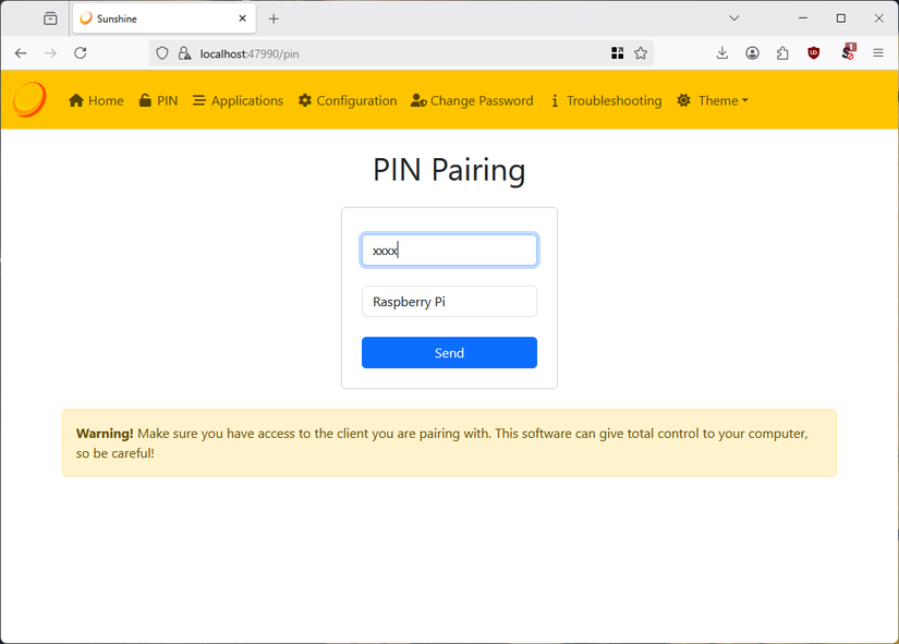 Pairing Sunshine with Moonlight using a PIN.