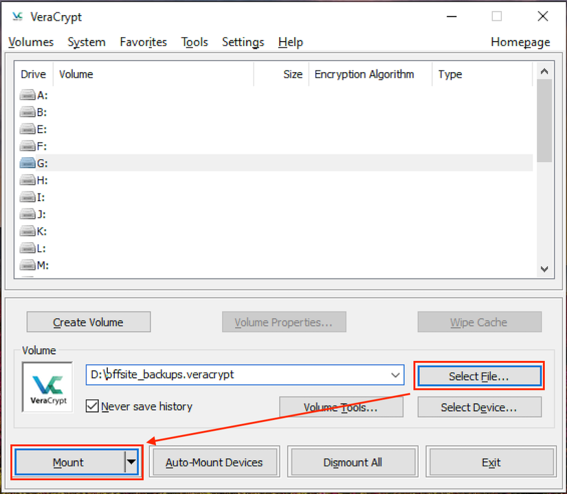 Selecting a container file to mount in VeraCrypt.