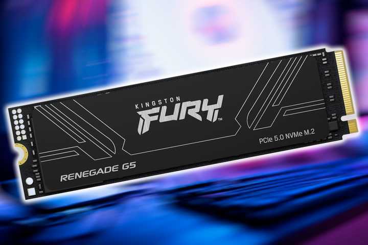 The Kingston FURY Renegade G5 SSD over a colorful background.