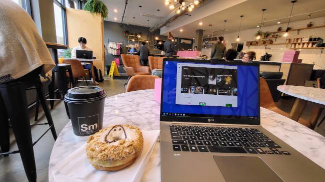 Laptop at coffee shop.