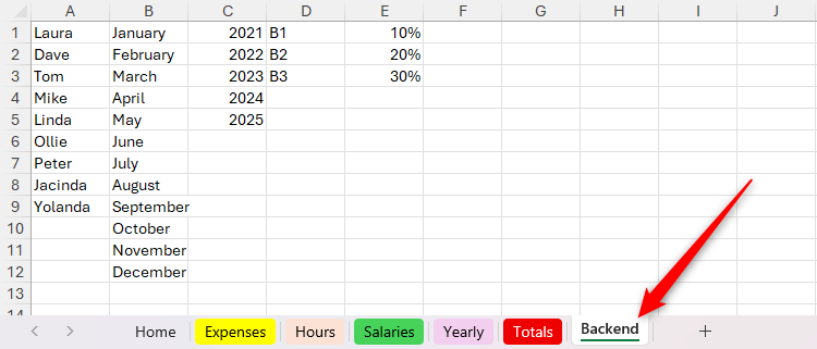 A backend worksheet in Microsoft Excel containing values and lists used in other worksheets.