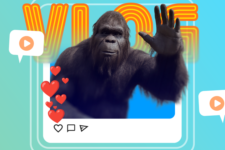A Bigfoot greeting viewers inside a social media vlog post, surrounded by hearts and video icons.