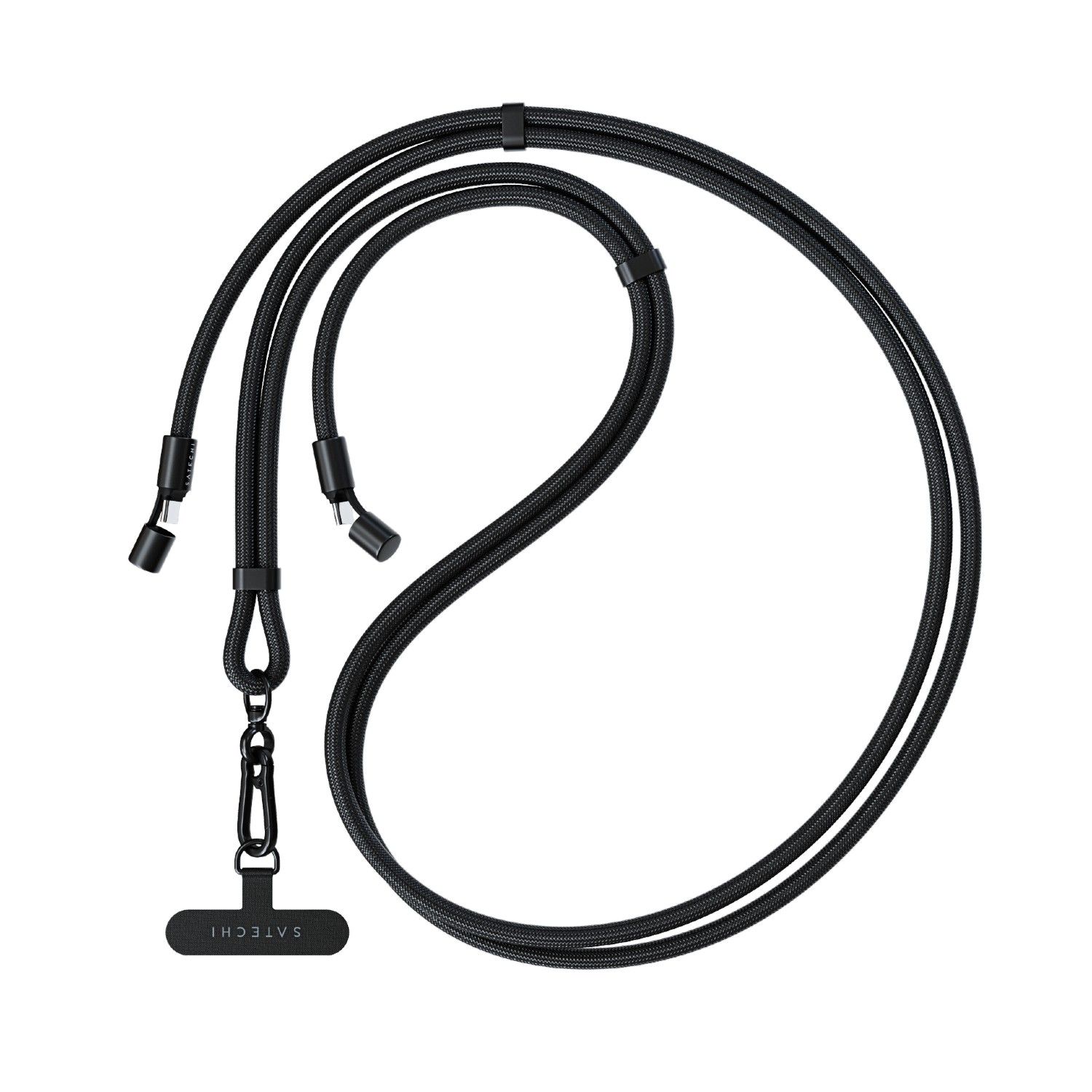 A black Satechi Lanyard on a white background