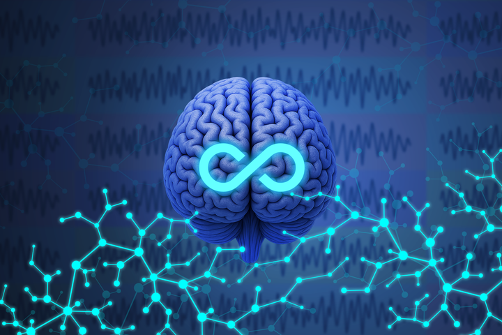 A brain with an infinity symbol, surrounded by neural connections and with blurred EEG patterns in the background.